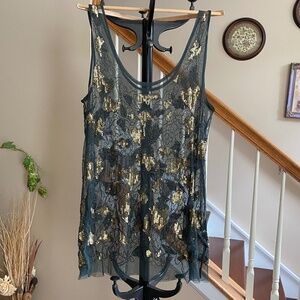 Free People NWOT Embellished Mesh Green Gold Beaded Sequin Tank Tunic Medium